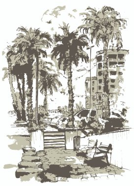 şehir merkezinde sokak ve Florida Miami şehrinin binalar ile vektör. Suluboya sıçrama ve palmiye ağaçlarının elle çizilmiş kroki çizim inç retro siluetleri ile.