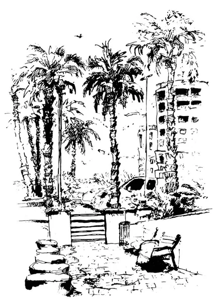 Vector Downtown con calle y edificios de Miami City en Florida. salpicadura de tinta con ilustración de boceto dibujado a mano en. siluetas retro de palmeras . — Vector de stock