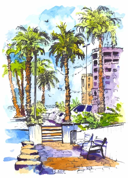 Centrum vector met street en gebouwen van de stad Miami in Florida. Aquarel plons met hand getrokken schets illustratie. Retro kleurrijke aquarel silhouetten van palmbomen. — Stockvector