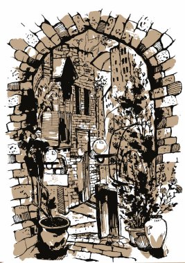 Elle çizilmiş eski sokak vektör. Suluboya kroki çizimi. Şehir sokak Illustration. Suluboya resim .
