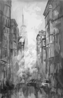 Suluboya ve New York, cadde görünümü resim vektör taksi, modern sanat eserleri, Amerikan şehri, illüstrasyon New York