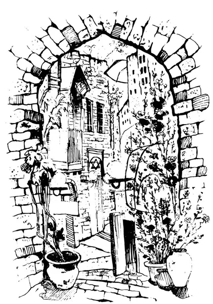 Elle çizilmiş eski sokak vektör. Suluboya kroki çizimi. Şehir sokak Illustration. Suluboya resim .