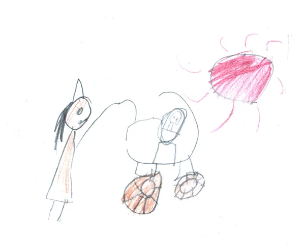 ワックスは、赤ちゃんの馬車と白に分離された女性の描画の女の子です。子供 s カラフルなパステルチョークのデザイン要素を描きました。キッド s ペイントオブジェクト. — ストック写真