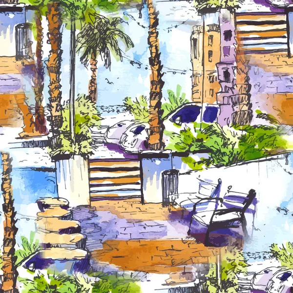 Vetor padrão sem costura. Downtown com rua e edifícios de Miami City na Flórida, EUA. Esguicho aquarela com ilustração esboço desenhado à mão. silhuetas aquarela coloridas retro de palmeiras . —  Vetores de Stock