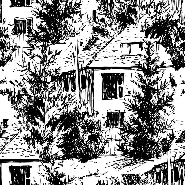 Vector hand painted seamless pattern. Urban landscapes in hand drawn ink line style. Old city street sketch on white background. illustration