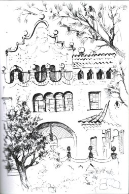 Şehir manzarası şehir sahnesi. Siyah ve beyaz kesikli stil kroki, çizgi sanatı, kalem ve mürekkeple çizim.