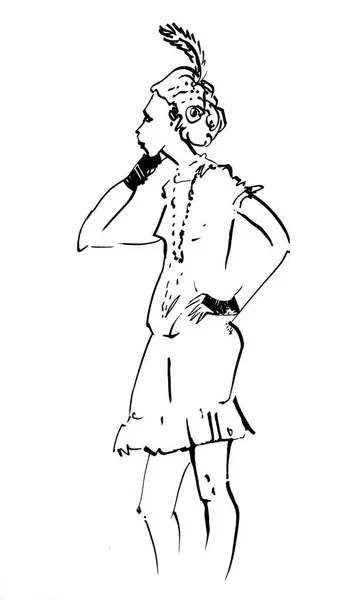 girl, retro women of twenties. Ink illustration.