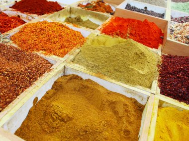 baharat ve otlar, ahşap bir organizatör, üst görünümünde çok renkli baharatlar. Çetrelik arka planı