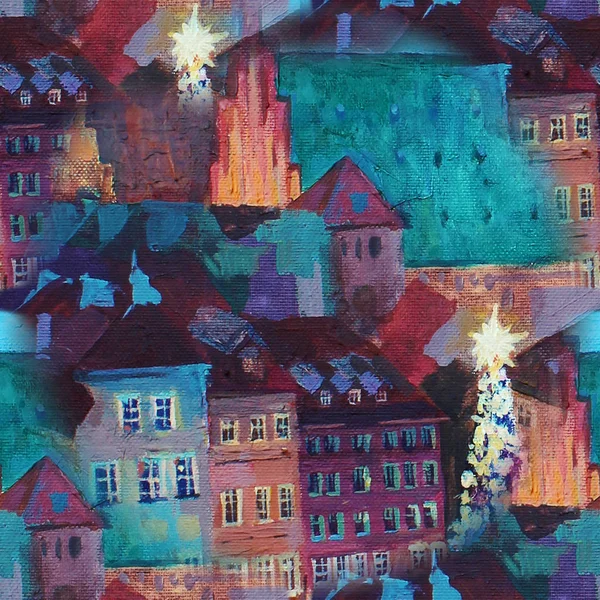 シームレスな抽象的なパターン美しい冬の都市景観古い広場と歩く人々.ヨーロッパ。キャンバスに油彩画. — ストック写真