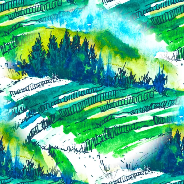 Bezešvé vzor Akvarel krajina s kopci, les a pole v zelených tónech. Jasný slunečný den. — Stock fotografie