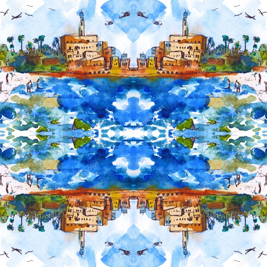 seamless pattern of landscape - Mediterranean Sea, Watercolor. Old town