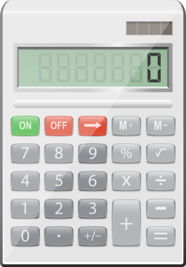 Toplama, çıkarma, çarpma, bölme ve yüzde gibi işlevleri olan gri tuşlara sahip dijital bir hesap makinesinin çizimi.