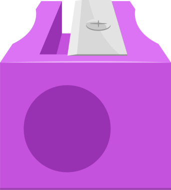 Bu resim, yüksek ve ön cephe perspektifinden mor bir kalem açacağı sunar. İçinde gümüş bir bıçak var. Keskinleştiricinin pürüzsüz, yuvarlak yuvarlak bir girintisi var..