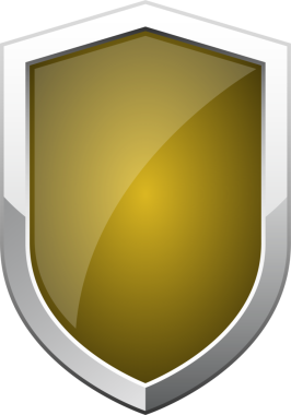 Parlak altın bir yüzü ve metalik gümüş çizgisi olan parlak ve modern bir kalkan. Korunmayı, güvenliği ve güvenilir savunmayı sembolize ediyor..