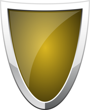 Bu resim parlak bir altın kalkanı yansıtıcı bir yüzeye ve gümüş bir sınıra sahip, siyah arka planda, savunma ve güvenliği sembolize ediyor. Korunmak için idealdir..