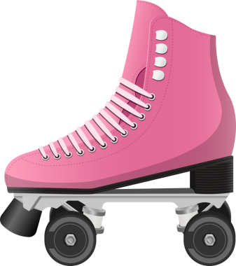 Bu resim düz siyah bir arkaplan üzerinde tek bir pembe paten setini gösteriyor. Kaykayın beyaz bağcıkları, siyah tekerlekleri ve durdurucusu var. Tasarım geriye dönük biçimi çağrıştırıyor.