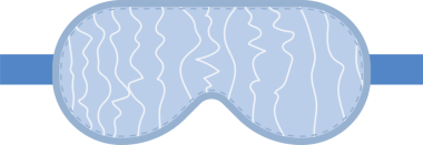 Açık mavi bir uyku maskesi ışığı engellemek için tasarlanmış. Maskenin üzerinde açık mavi bir kayış, dikişli bir kenar ve dinlenmek için beyaz dalga deseni var..