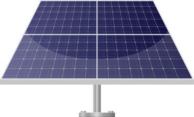 Bir destek standı üzerindeki dört büyük kare modülden oluşan bir güneş panelinin tasviri, sade bir siyah arkaplan üzerinde basitleştirilmiş grafik tarzında yapılmış.
