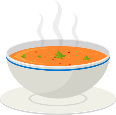 Bir çizgi film resmi, beyaz bir fincan üzerinde tüten bir portakal çorbası kasesini tasvir eder. Çorba yeşil otlar ve küçük renkli noktalarla süslenir, davetkar bir sıcaklık yayar..