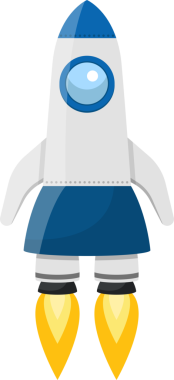 Bir çizgi film roket gemisi büyük bir pencereye sahip mavi ve beyaz renklerle tasvir edilir. Altında iki küçük roket iticisi var..