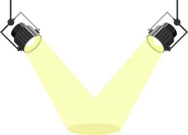 Görüntü, merkeze doğru bakan sarı ışıklı iki spot ışığı tasvir ediyor. Arka planda karanlık bir sahneyi ya da bir ekran alanını aydınlatıyorlar. Koyu gridirler..