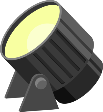 Görüntüde sıcak sarı ışıklı bir spot ışığı gösteriliyor. Lamba belli bir bölgeyi aydınlatmaya hazır, yukarı doğru açılı bir şekilde bir kürsüde duruyor..