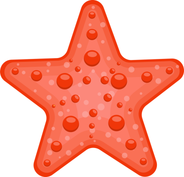 Göz seviyesindeki bir illüstrasyonda, beş kollu mercan renkli bir deniz yıldızı, karikatür şeklinde çizilmiş, siyah bir arkaplan üzerinde daireler çizer..