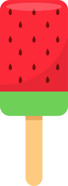 Bu görüntüde bir karpuz dilimi gibi tasarlanmış bir buzlu şeker var. Buzlu dondurmanın üzerinde koyu tohumlar, kabuğu kopyalayan yeşil bir tabaka ve açık kahverengi bir çubuk vardır..