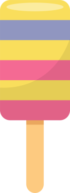 Bu resim retro-stil katmanlı buzlu dondurmayı tasvir ediyor. Tatlı, değişken pembe, sarı ve lavanta şeritli şeritler, basit bir tahta çubuğa istiflenmiş. Yaz içeceği..