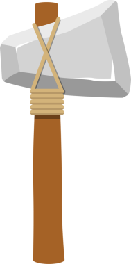 Gri taştan bir kafası olan ilkel bir baltanın dijital karikatür tarzı bir tasviri. İple korunan kahverengi bir ahşap kabzası, siyah bir arka planda izole edilmiş..