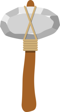 Eski bir alet tasvir edilmiştir, büyük gri taştan bir kafa, kısa, kahverengi bir ahşap sapına halatla bağlanmış erken kesim amaçları için.