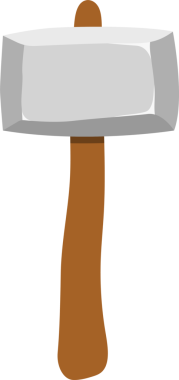 Dijital bir illüstrasyonda büyük, gri, dikdörtgen bir kafası ve düz siyah bir arkaplan üzerine kurulmuş kahverengi bir tahta sapı olan bir balyoz yer alır. Tarzı karikatür gibi..