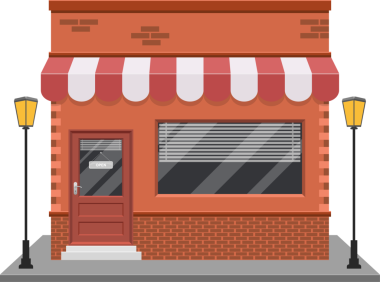 Klasik bir tuğla binanın önünde hoş bir karikatür dükkanı duruyor. Kırmızı ve beyaz tente, her iki taraftaki iki lamba direği eşliğinde müşterileri içeri davet ediyor..