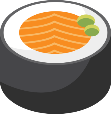 Bir stilize suşi rulo illüstrasyonunda turuncu somon dolgusu, beyaz pirinç, siyah nori dürüm ve iki yeşil wasabi dolgu yer alıyor..