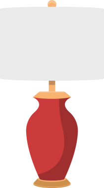 Lamba, altın tabanlı ve üst kenarlı vazo şeklinde kırmızı bir gövdeye sahip. Dikdörtgen beyaz bir abajur üzerinde altın bir düğmeyle kaplıdır. Arka plan tamamen siyah..