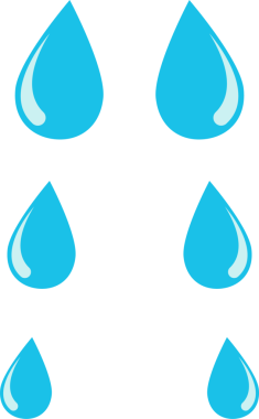 Bu resim altı mavi su damlacığını gösteriyor, her biri parlak parlak parlak bir ışık ile yapılmış, simetrik olarak siyah bir arkaplana karşı sıralanmış. Basit tasarım saflığı çağrıştırıyor..