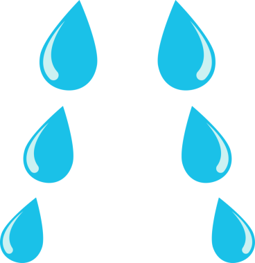 Dijital olarak hazırlanmış bir resimde altı tane karikatür su damlası var. Gözyaşı şeklindeki damlacıklar beyaz röfleli açık mavi renklidir. Siyah bir zemine düşüyorlar gibi görünüyor..