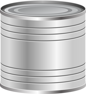 Görüntü, gümüş renkli metal bir teneke kutu gösteriyor. Bu da konserve yiyecek olduğunu gösteriyor. Kutu, düz siyah bir arkaplan üzerine kurulmuş yatay çıkıntılı silindir şeklindedir..