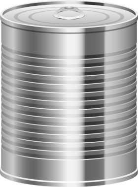 Görüntüde uzun, gümüş metal bir kutu var. Silindirik gövdesi yatay çıkıntılara sahiptir ve dokulu bir etki yaratır. Konserve, kolayca açılabilen düz bir yüzüğe sahip..