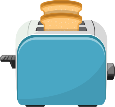 Bir tost makinesinin çizgi film çizimi ve iki dilim tost makinesi fırlıyor. Tost makinesi gümüş aksanlı mavidir ve şeffaf bir arkaplanda oturur..