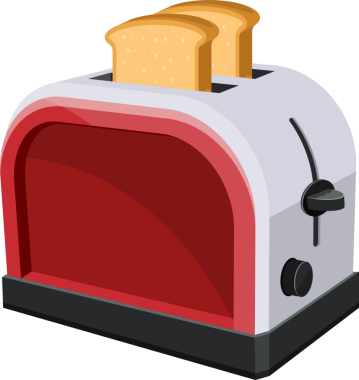 Kırmızı ve beyaz bir tost makinesi iki dilim altın-kahverengi tost taşır. Resim, ekmek kızartmak için klasik bir tasarım olan mutfak aletini tasvir ediyor..