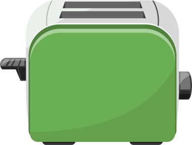 Merkezde yeşil bir tost makinesi görülüyor. Tost makinesinin tepesinde gri detaylar var ve her iki tarafında da seçenekleri seçmek için birer düğme var. Tost yapmak için tasarlandı..