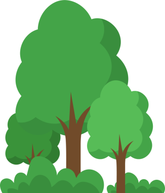 Basit bir çizgi film görüntüsü, üç ağaç ve çalıyla doğal bir sahne sergiler. Çizim düz tasarımı ve canlı yeşil renkleriyle karakterize edilir..