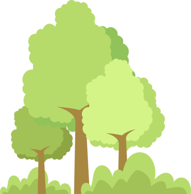 Canlı bir illüstrasyon, tüylü, yuvarlak yapraklı biçimlendirilmiş yeşil ağaçların sergilendiği huzurlu bir orman sahnesini tasvir ediyor. Küçük, yuvarlak çalılar ön zemini dolduruyor, derinlik katıyor.