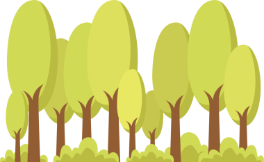 Bir ormanın karikatür çizimi. Yeşil yaprakları ve kahverengi gövdesi olan uzun ağaçlar yemyeşil çalıların arasında dururlar. Sahne, neşeli ve huzurlu bir doğa sahnesini çağrıştırıyor..