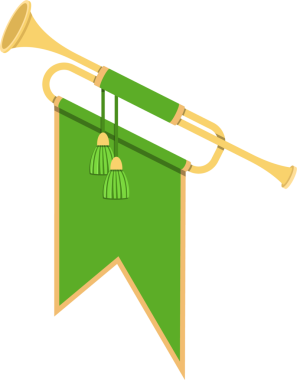 Heraldik bir trompet yeşil bir bayrak ile örtülür. Aletten iki yeşil püskül sarkıyor. Metal parçalar altın. Arkaplan simsiyah.