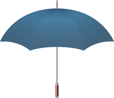 Bu resim açık, kubbe şeklinde bir şemsiye tasvir ediyor. Şemsiye açık mavi ve yüzeyinde küçük beyaz noktalar var. Yağmur koruması için bir araçtır..