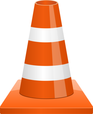 İki yatay beyaz şeritten oluşan parlak turuncu bir trafik konisinin çizimi, genellikle tehlikeleri belirtmek için kullanılır..