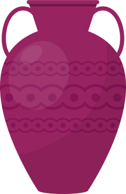 Zarif şekilli erik renkli vazo, iki tutacağı ve göbeğini çevreleyen dairesel desenli, biçimini ve tasarımını vurgulayan bir vazo sergilenir.