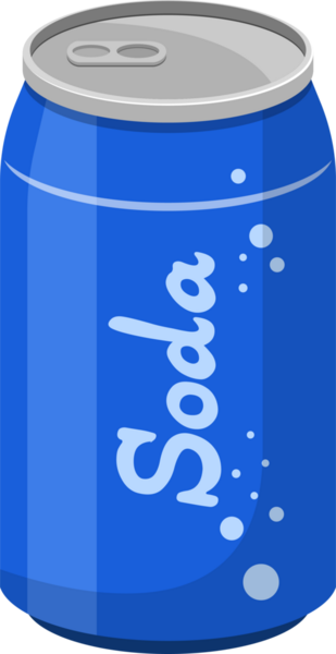 A digitally rendered illustration depicts a tall, cool blue can of soda, complete with a silver top, the word 'Soda' in white, and sparkling bubbles.